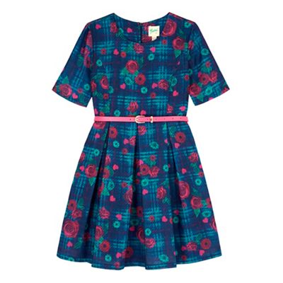 Yumi Girl blue Pleated Floral Check Print Dress